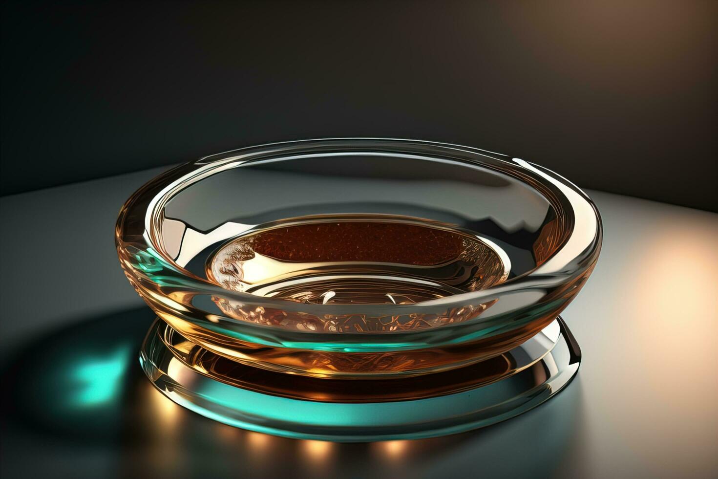 Empty glossy transparent ashtray on a dark background. ai generative photo