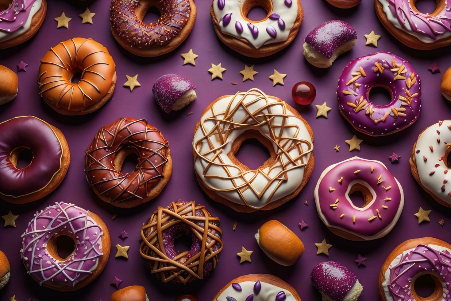 Variety of donuts on a solid color background. Top view. ai generative photo