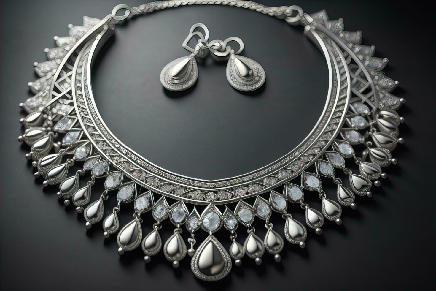 Silver necklace on a solid color background in close-up. ai generative photo