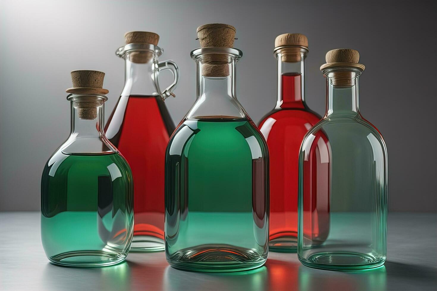 a row of glass bottles with colored liquid. ai generative photo