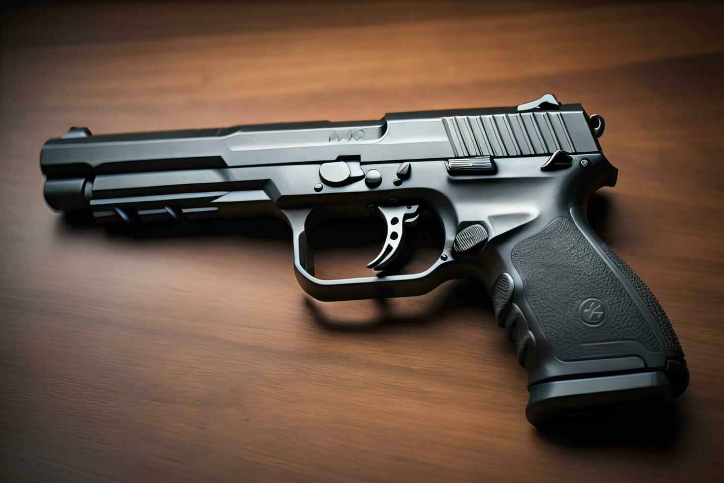 Semi-automatic handgun on a solid color background. Close-up. ai generative photo