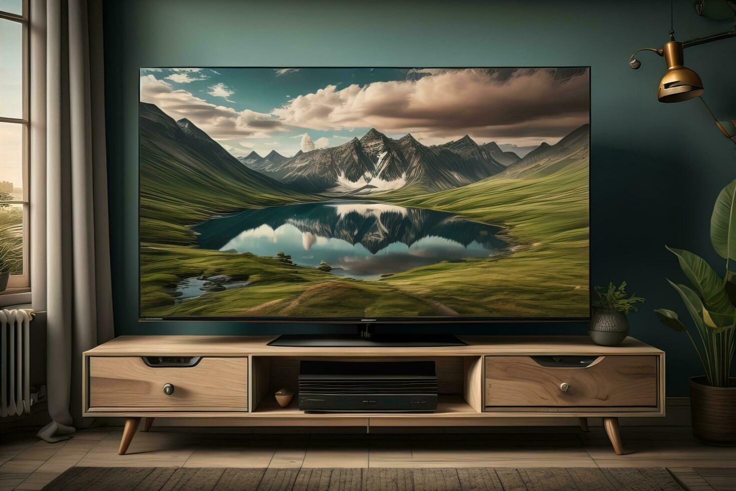 TV on the wooden cabinet in modern living room. ai generative photo