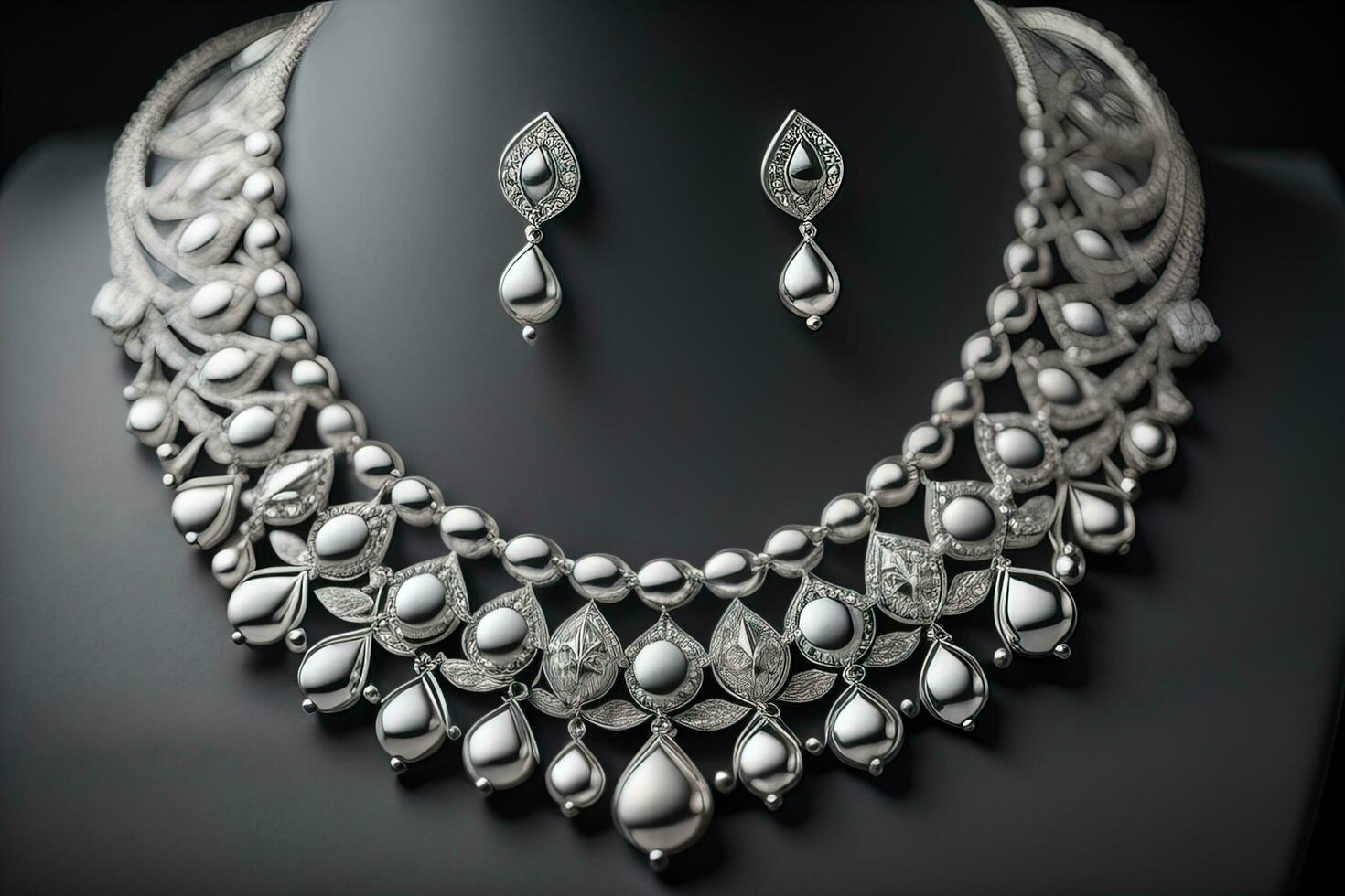 Silver necklace on a solid color background in close-up. ai generative photo