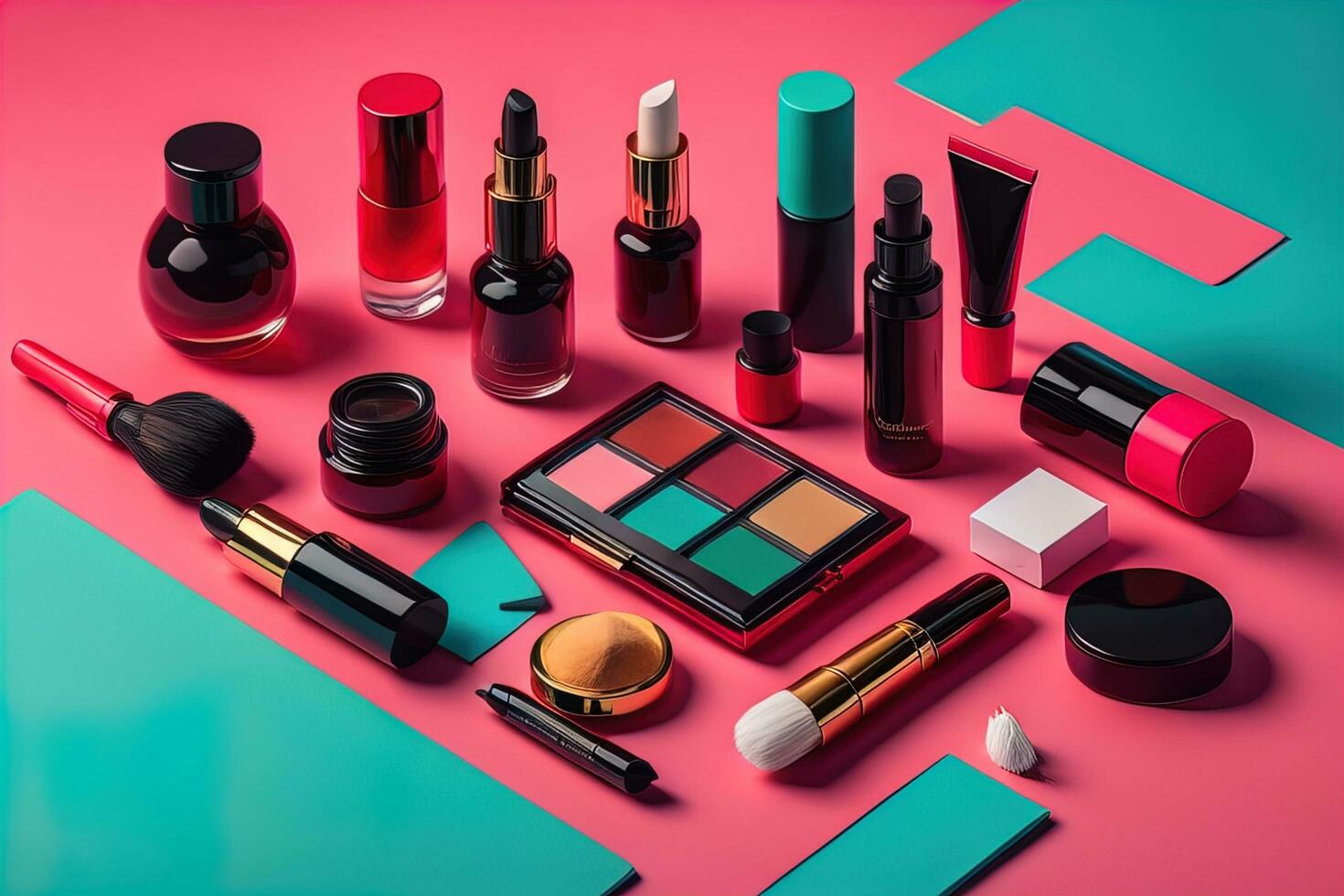 collection of make-up and cosmetic beauty products arranged on red background. ai generative photo