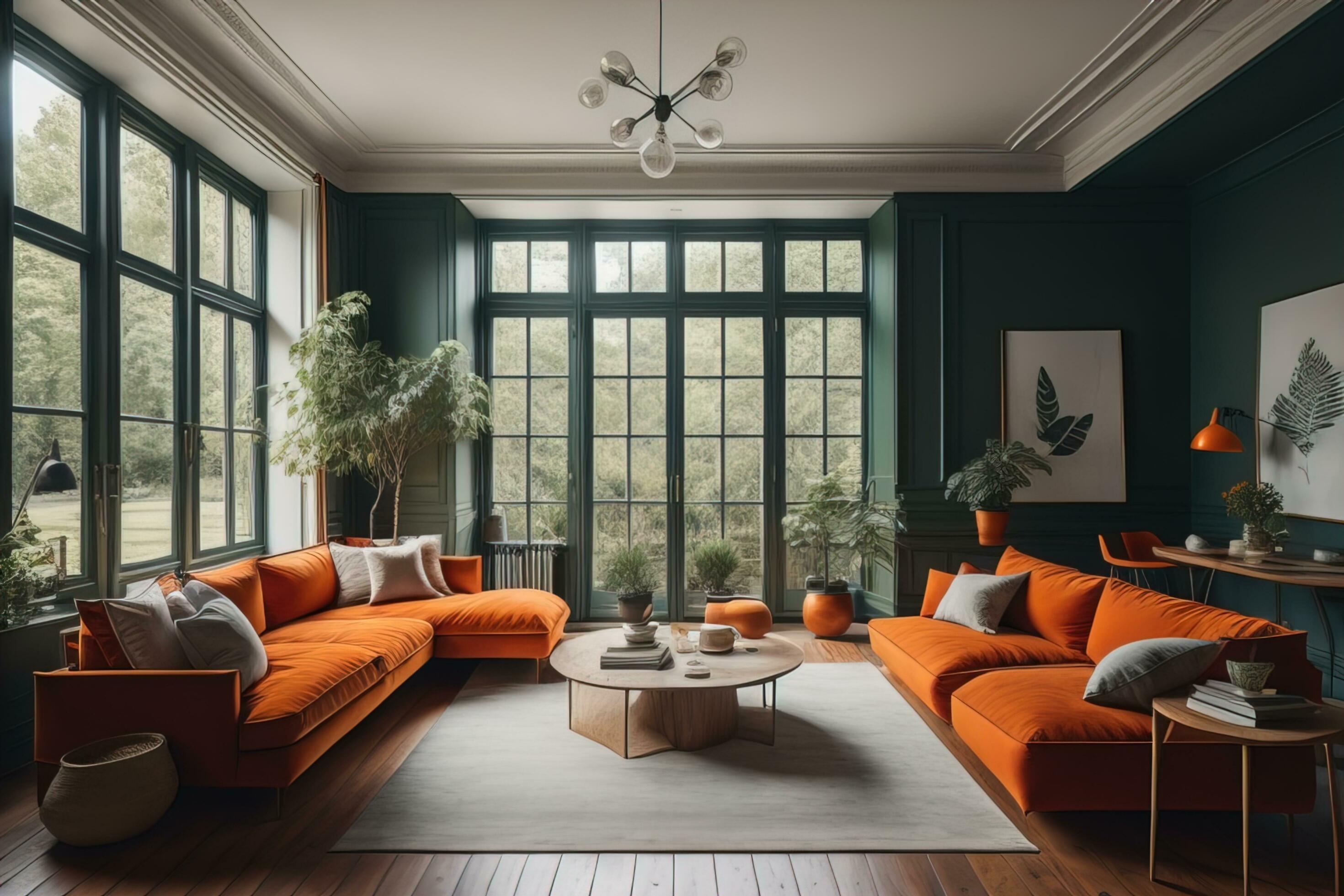 Interior of modern living room with green walls wooden floor
