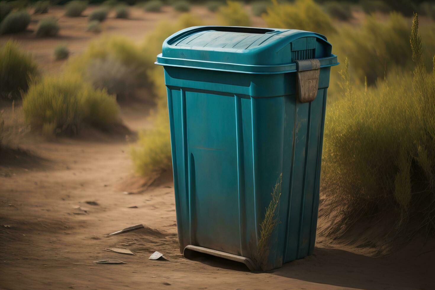 Garbage can on a colorful wall background, vintage color tone style. ai generative photo