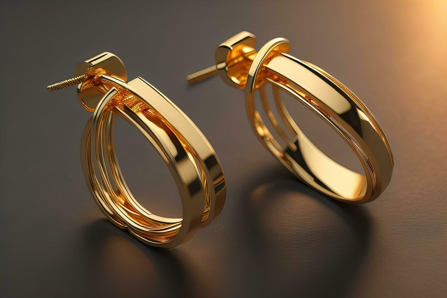 Earrings made of gold on a solid color background close up. ai generative photo