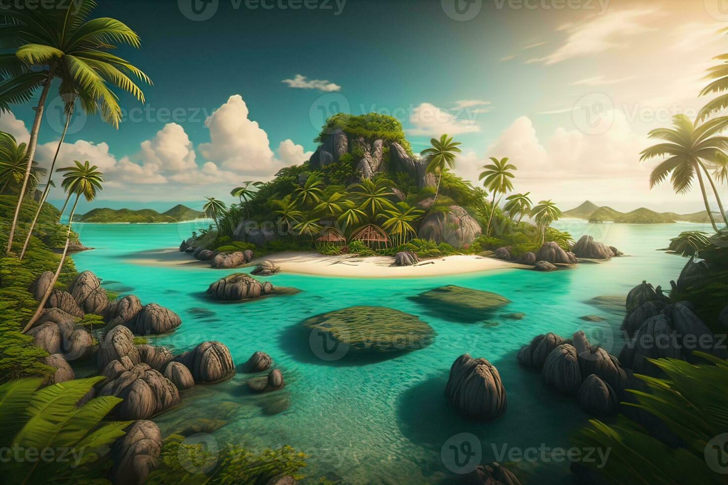Tropical beach with palm trees and white sand. ai generative photo