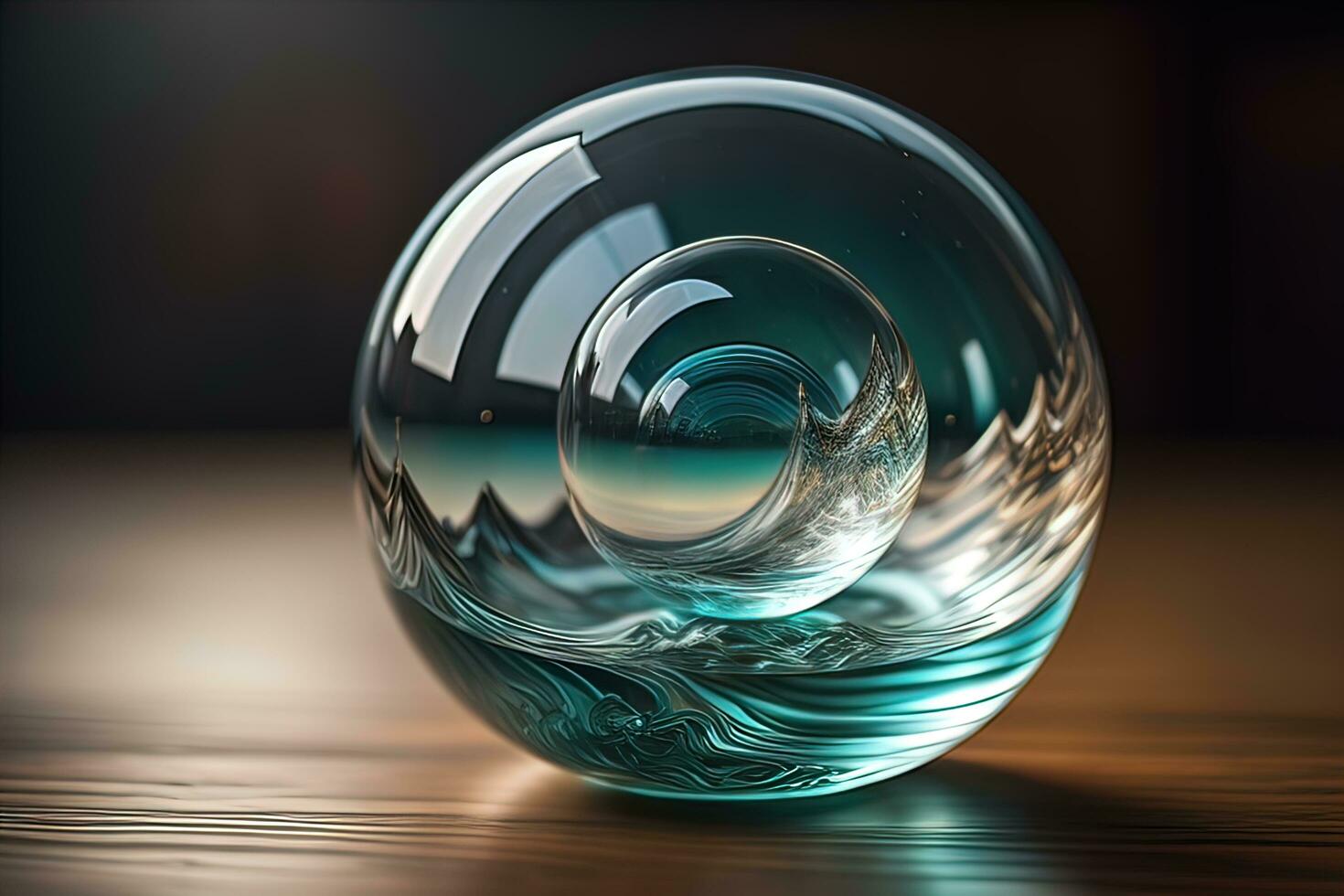 Transparent crystal ball on a wooden table. ai generative photo