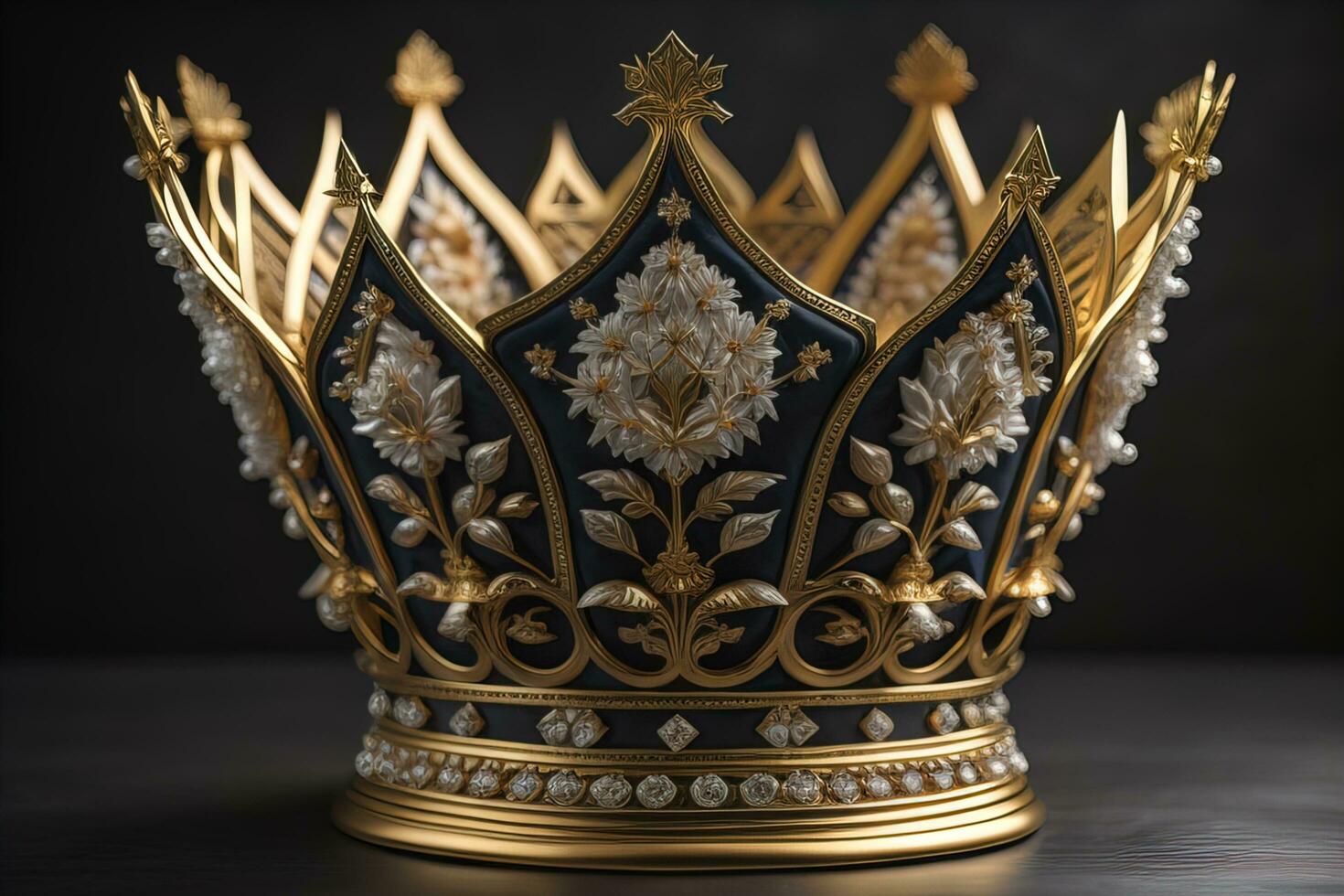 low key image of beautiful golden queen, king crown. ai generative photo