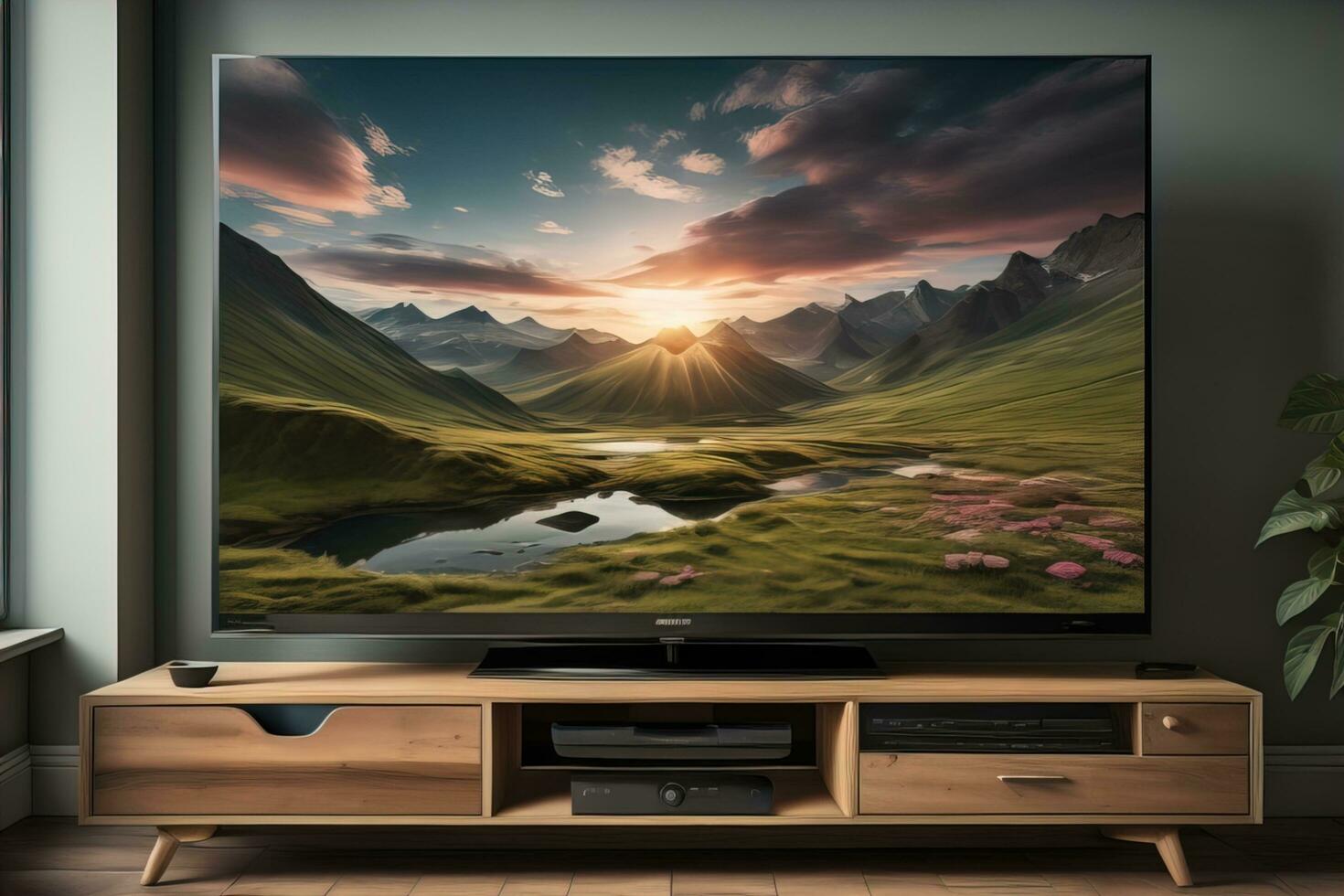TV on the wooden cabinet in modern living room. ai generative photo