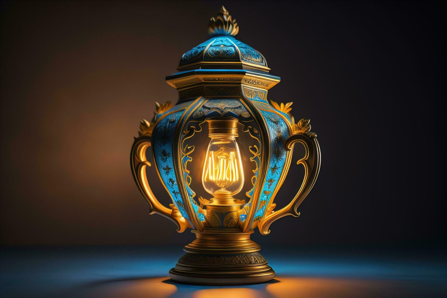 Lantern on a wooden table and a dark background. ai generative photo