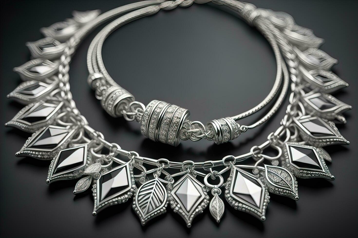 Silver necklace on a solid color background in close-up. ai generative photo