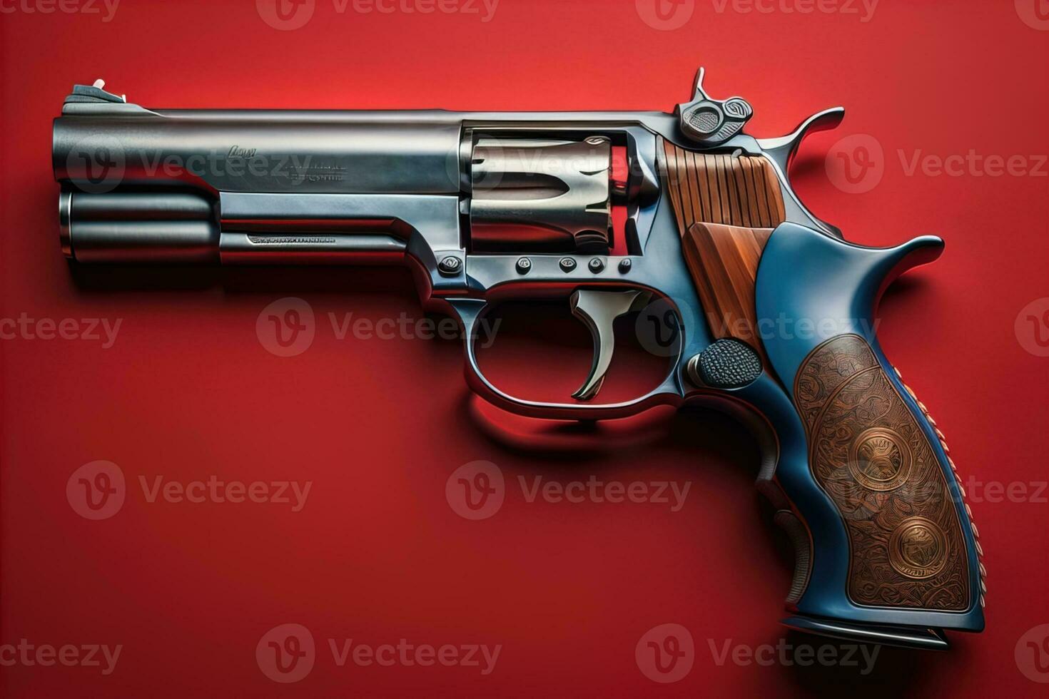Semi-automatic handgun on a solid color background. Close-up. ai generative photo