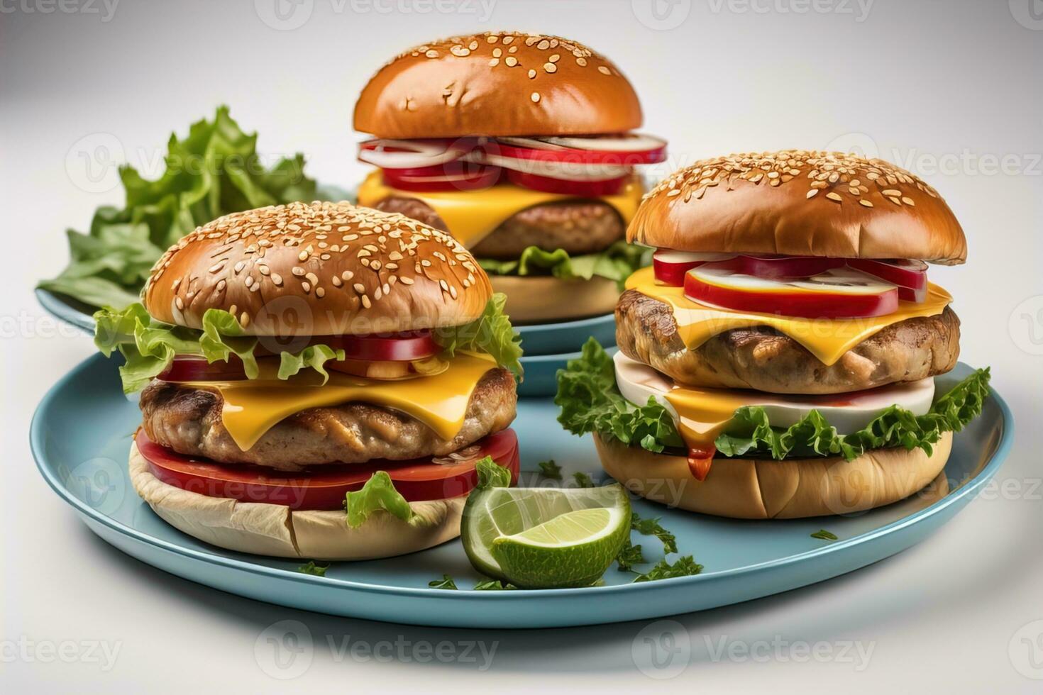 Hamburgers with french fries on wooden table, closeup. ai generative photo