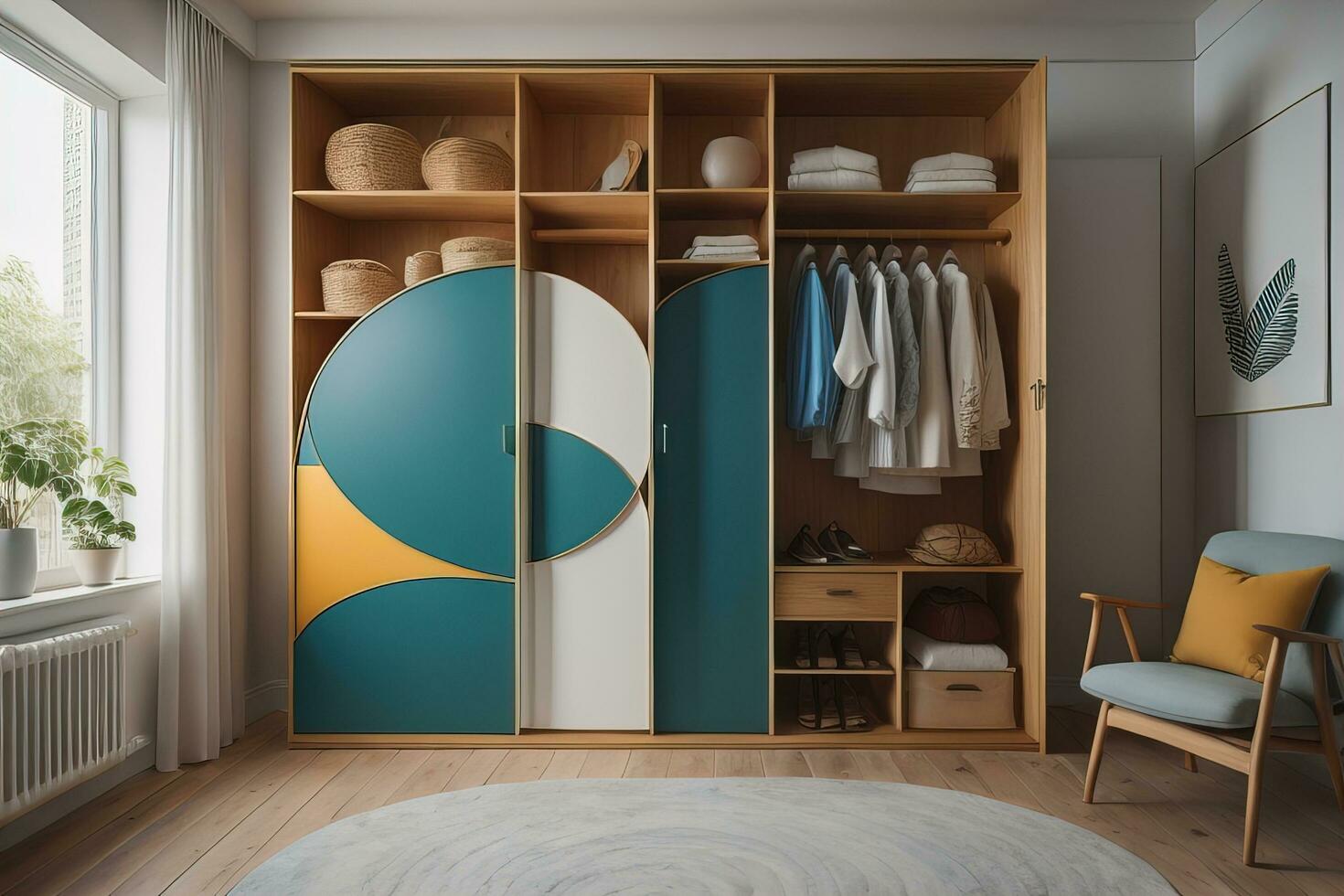 Wardrobe with clothes in the room. Toned image. ai generative photo
