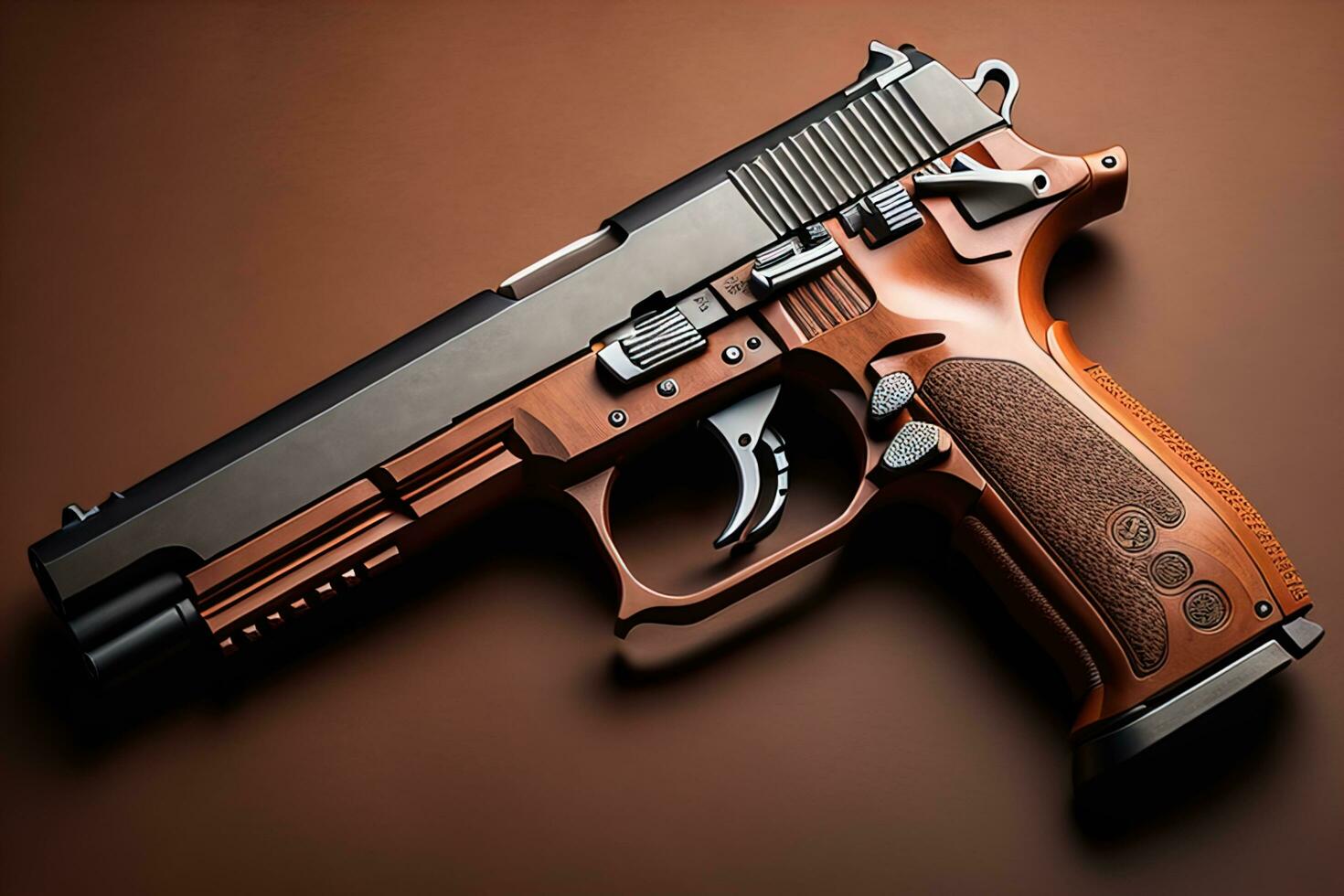 Semi-automatic handgun on a solid color background. Close-up. ai generative photo