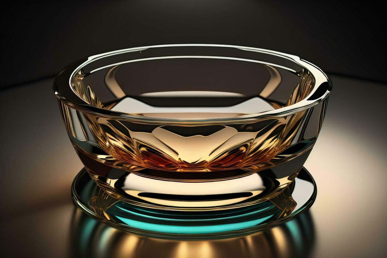 Empty glossy transparent ashtray on a dark background. ai generative photo