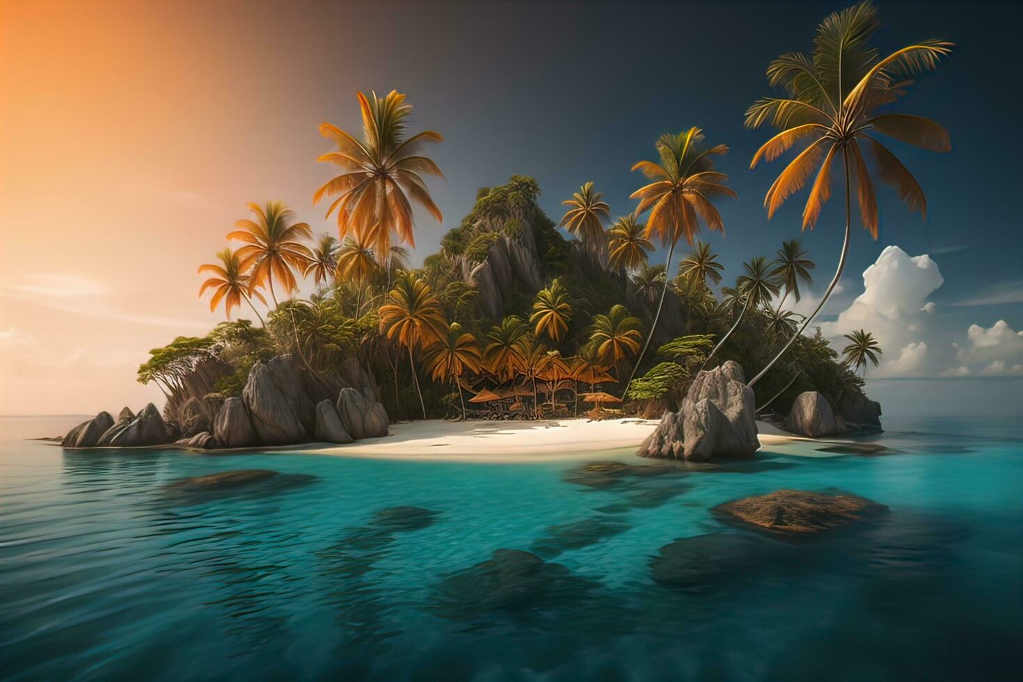 Tropical beach with palm trees and white sand. ai generative photo
