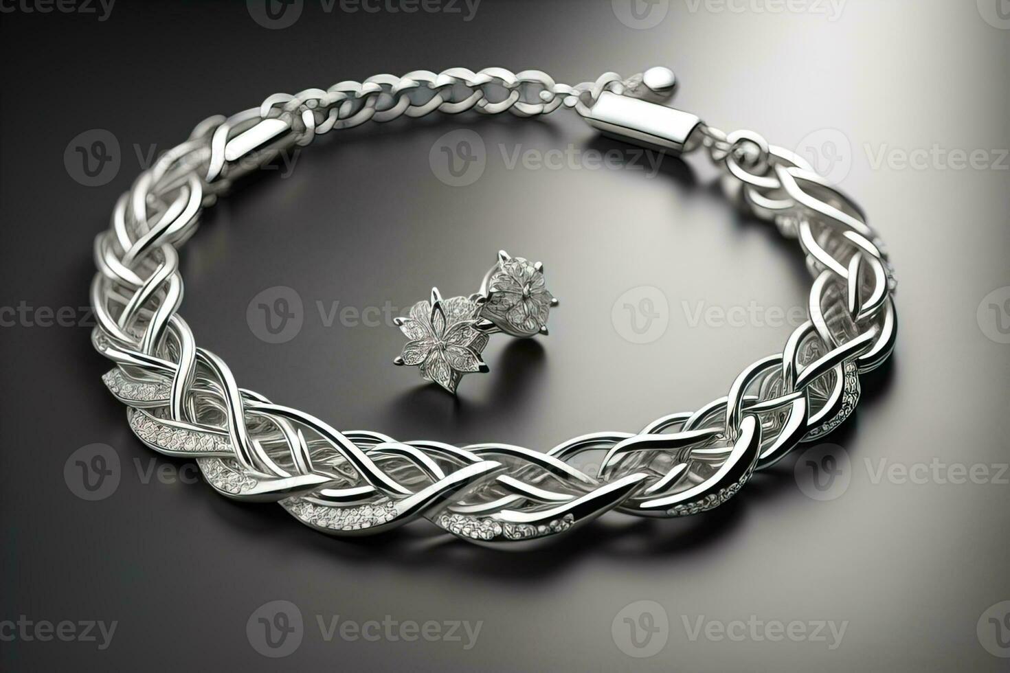 Silver necklace on a solid color background in close-up. ai generative photo