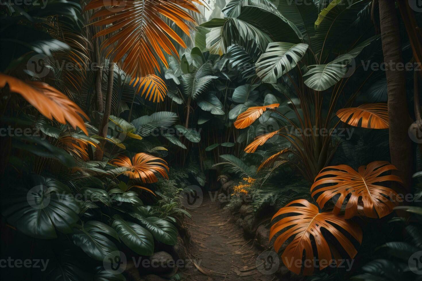 A pathway in tropical rainforest with palm trees and path in the mist. ai generative photo