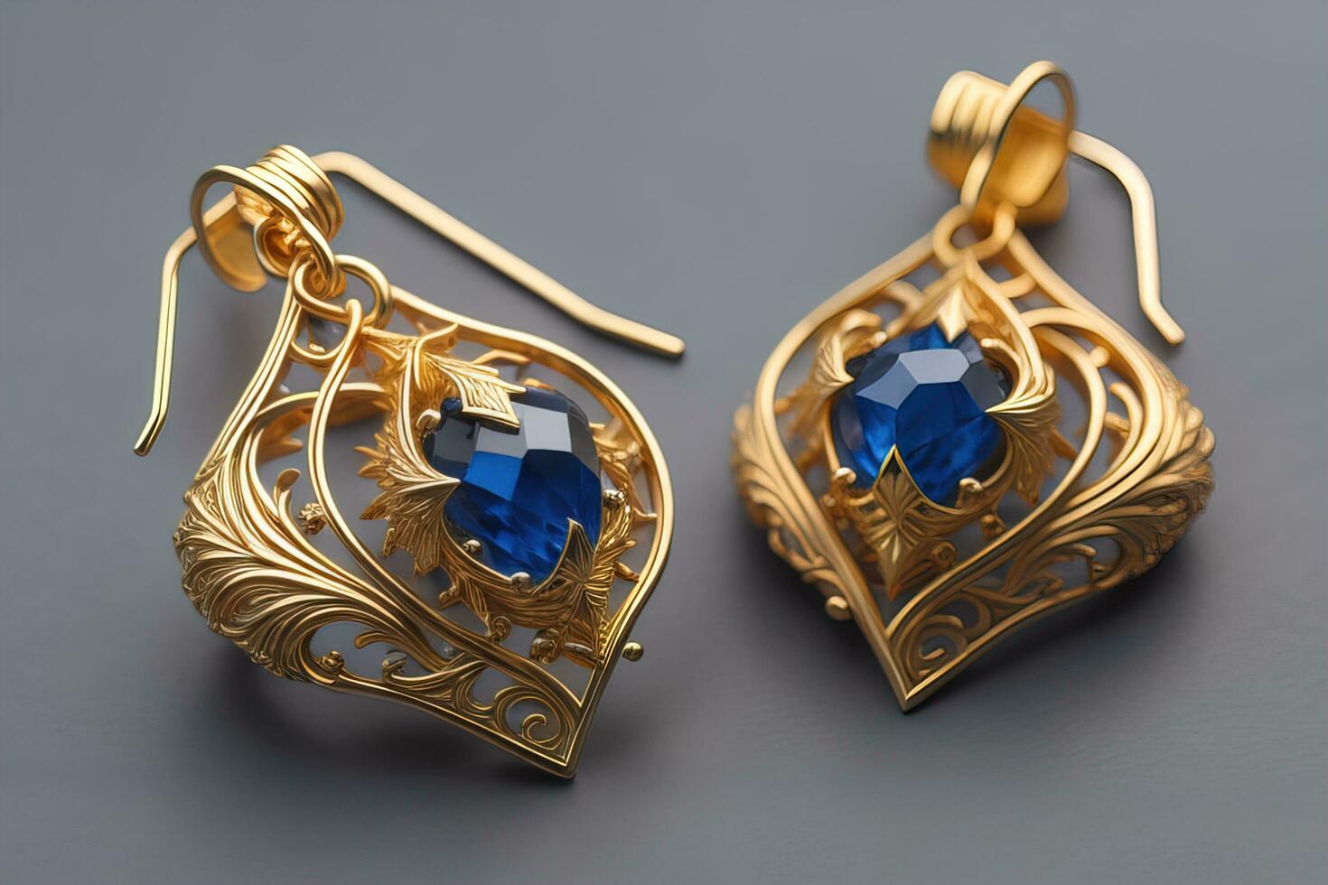 Earrings made of gold on a solid color background close up. ai generative photo