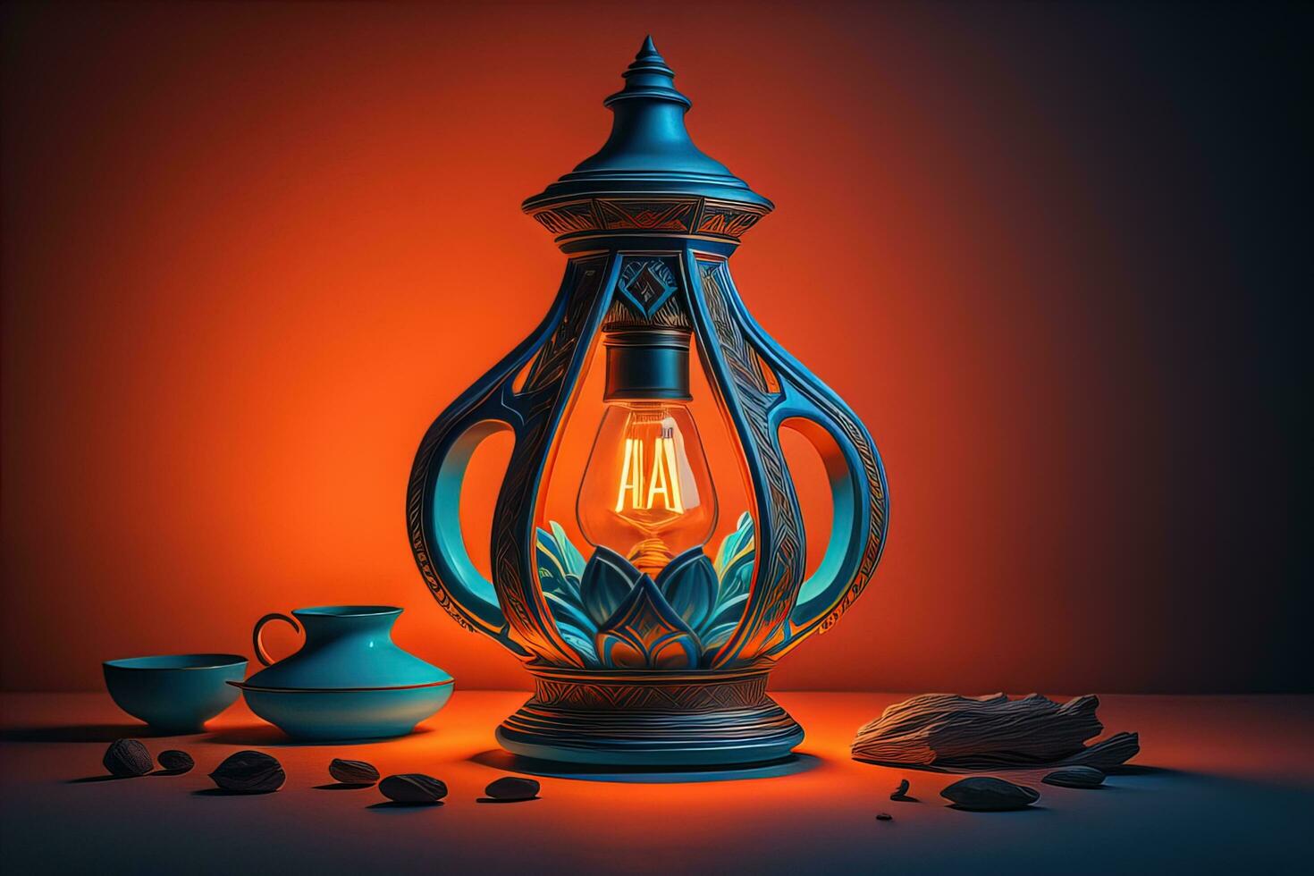 Lantern on a wooden table and a dark background. ai generative photo