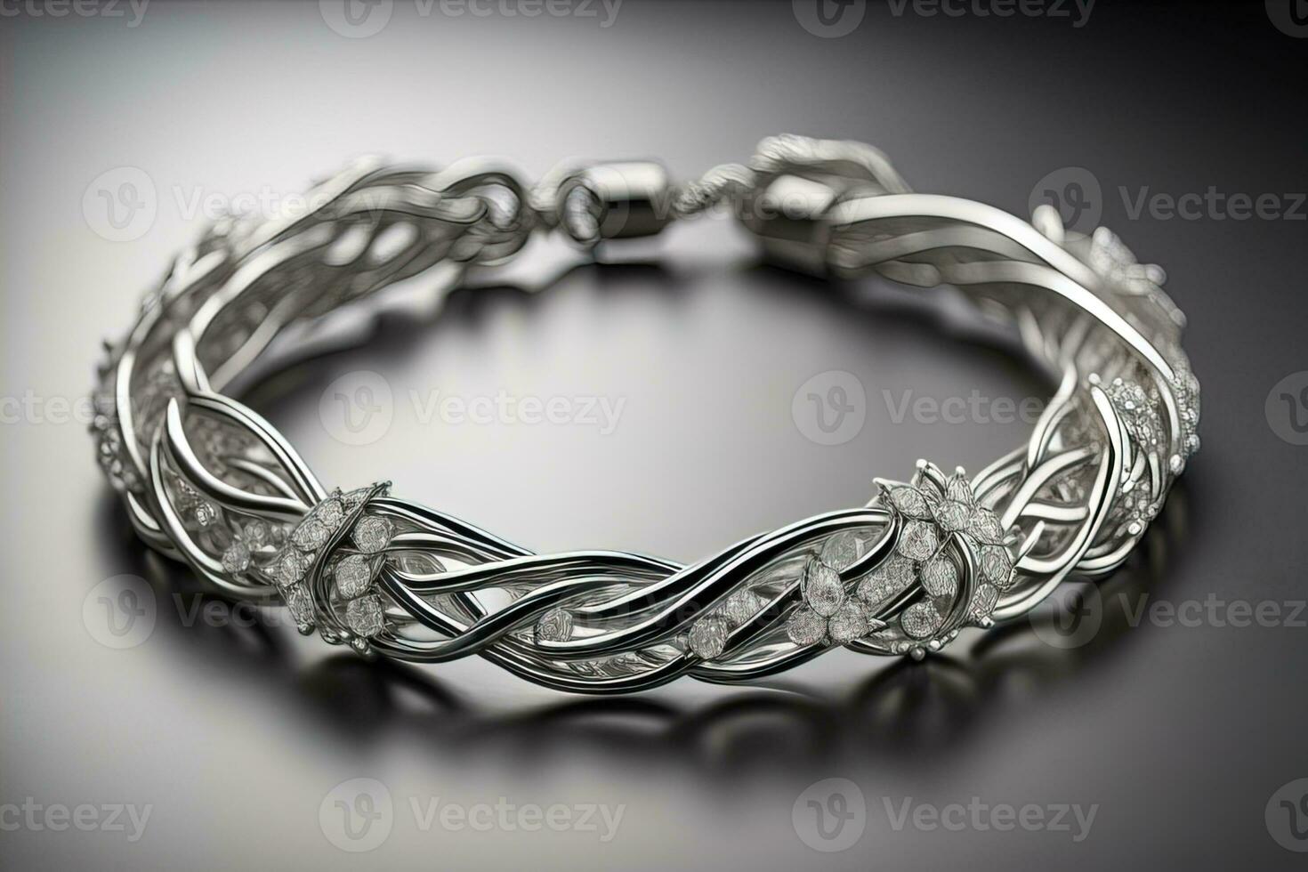 Silver necklace on a solid color background in close-up. ai generative photo