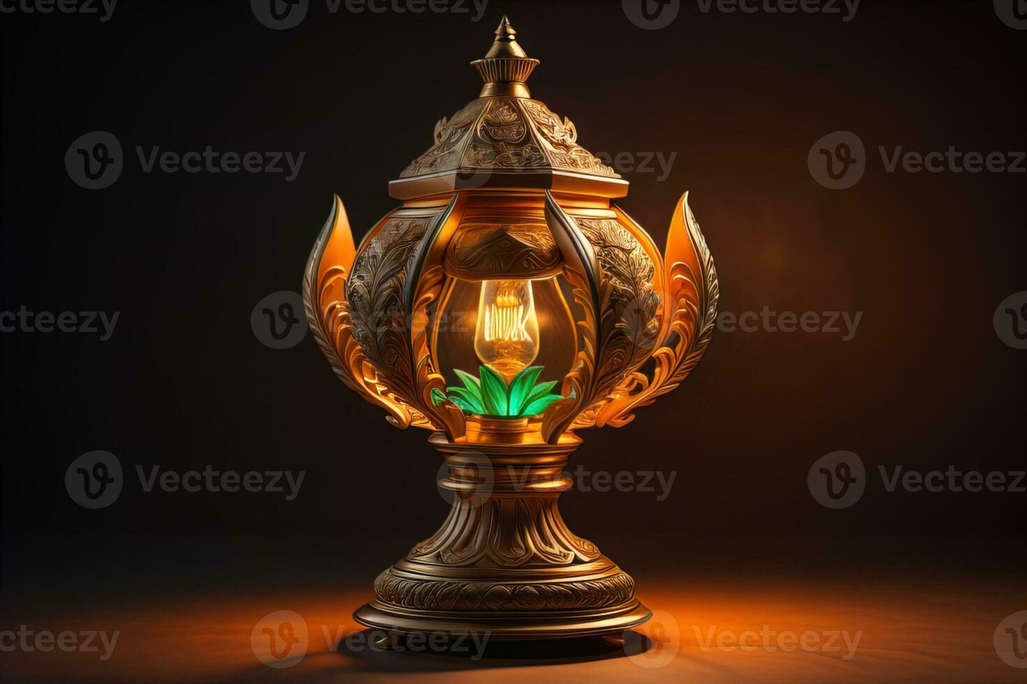 Lantern on a wooden table and a dark background. ai generative photo