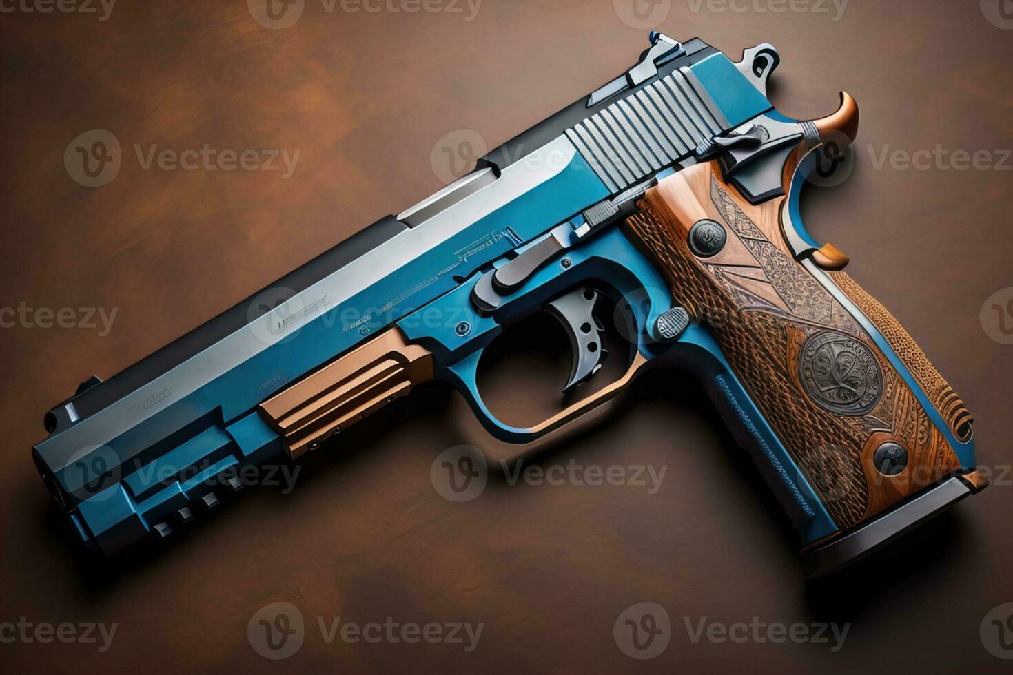 Semi-automatic handgun on a solid color background. Close-up. ai generative photo