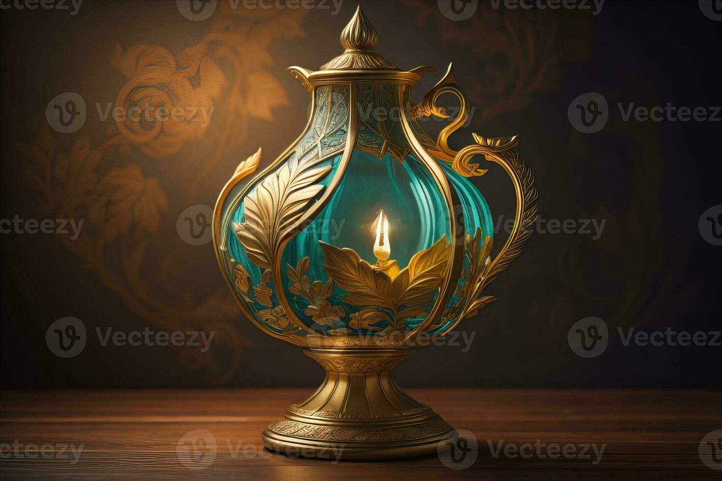 Lantern on a wooden table and a dark background. ai generative photo