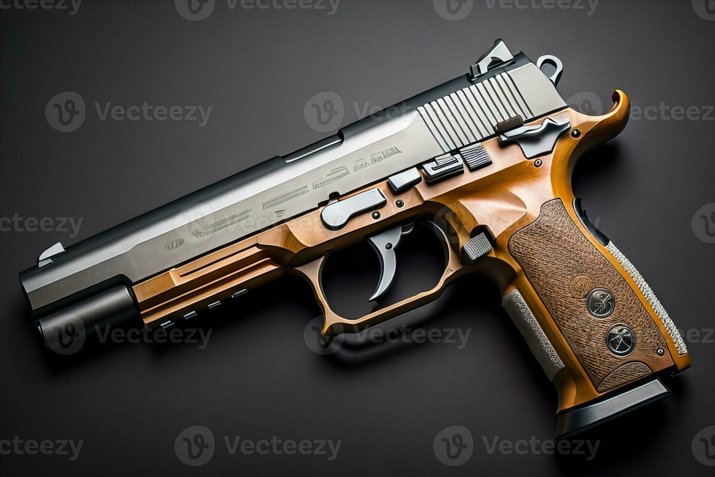 Semi-automatic handgun on a solid color background. Close-up. ai generative photo
