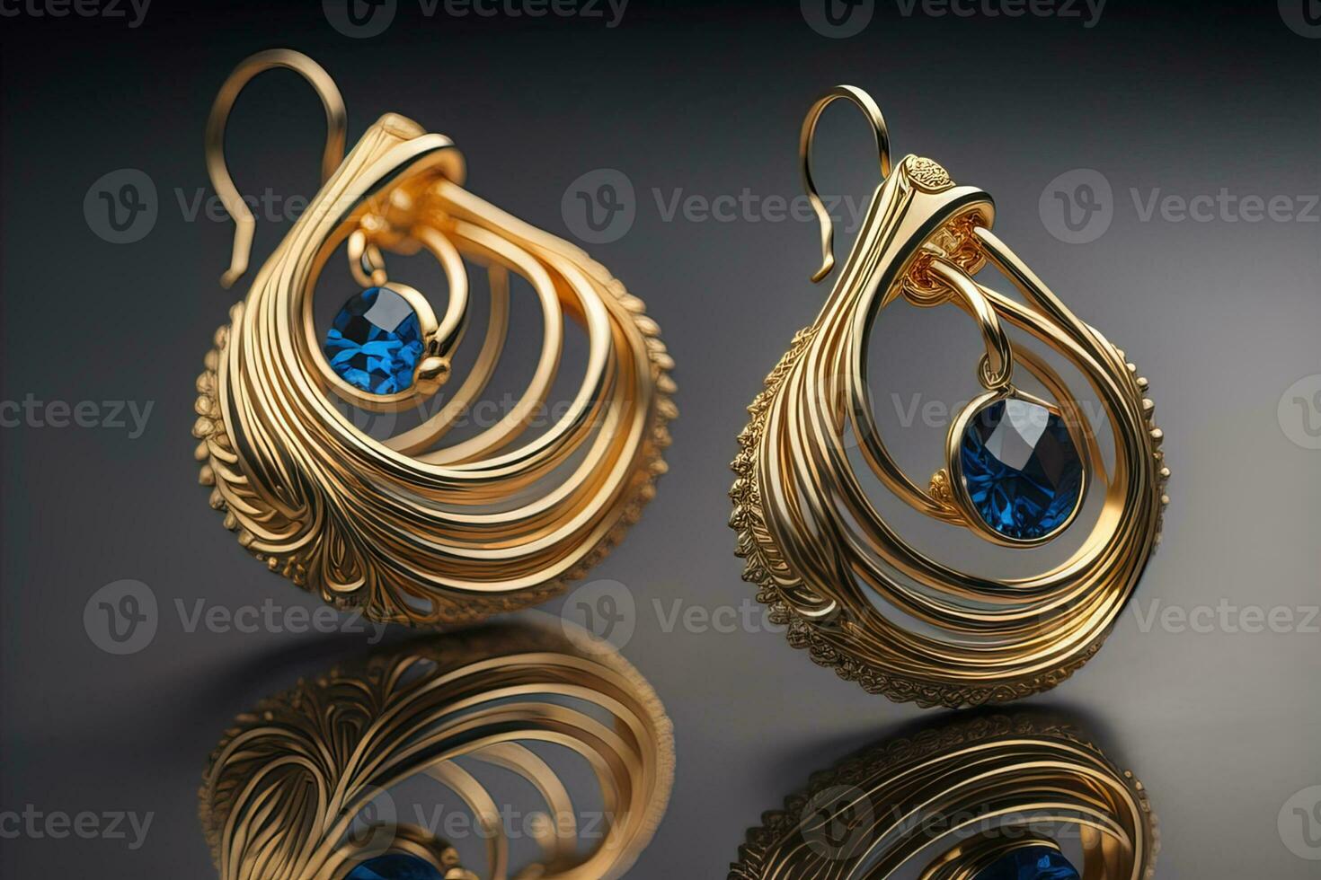 Earrings made of gold on a solid color background close up. ai generative photo