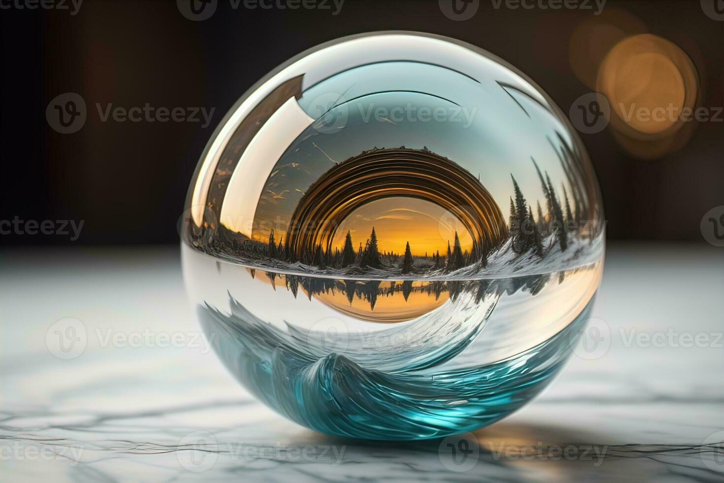 Transparent crystal ball on a wooden table. ai generative photo