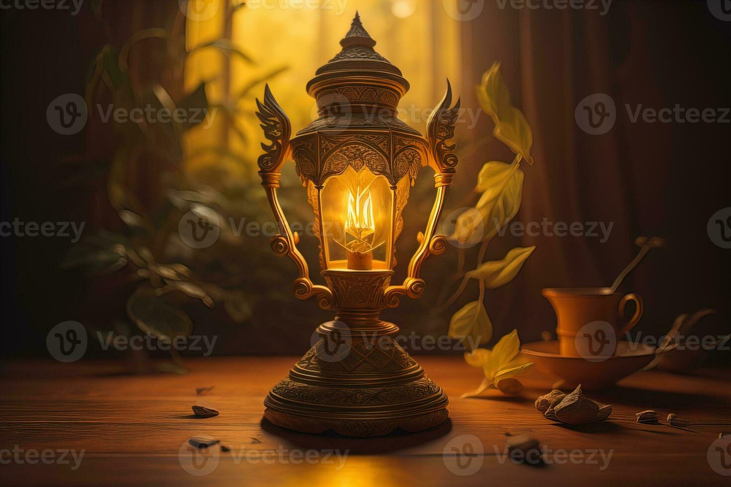 Lantern on a wooden table and a dark background. ai generative photo