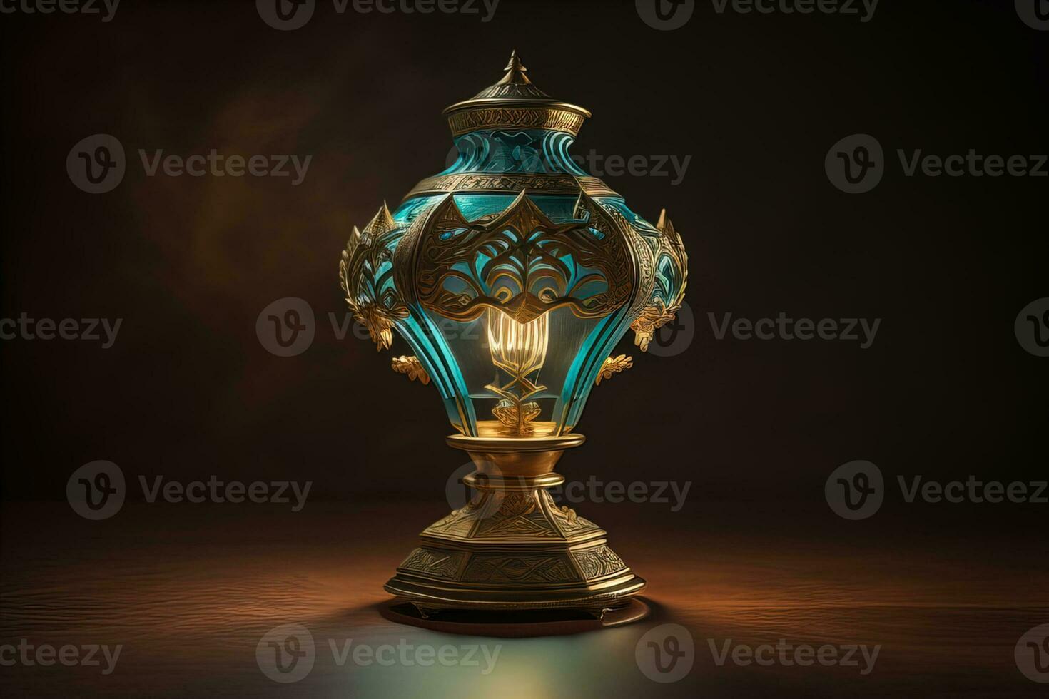 Lantern on a wooden table and a dark background. ai generative photo