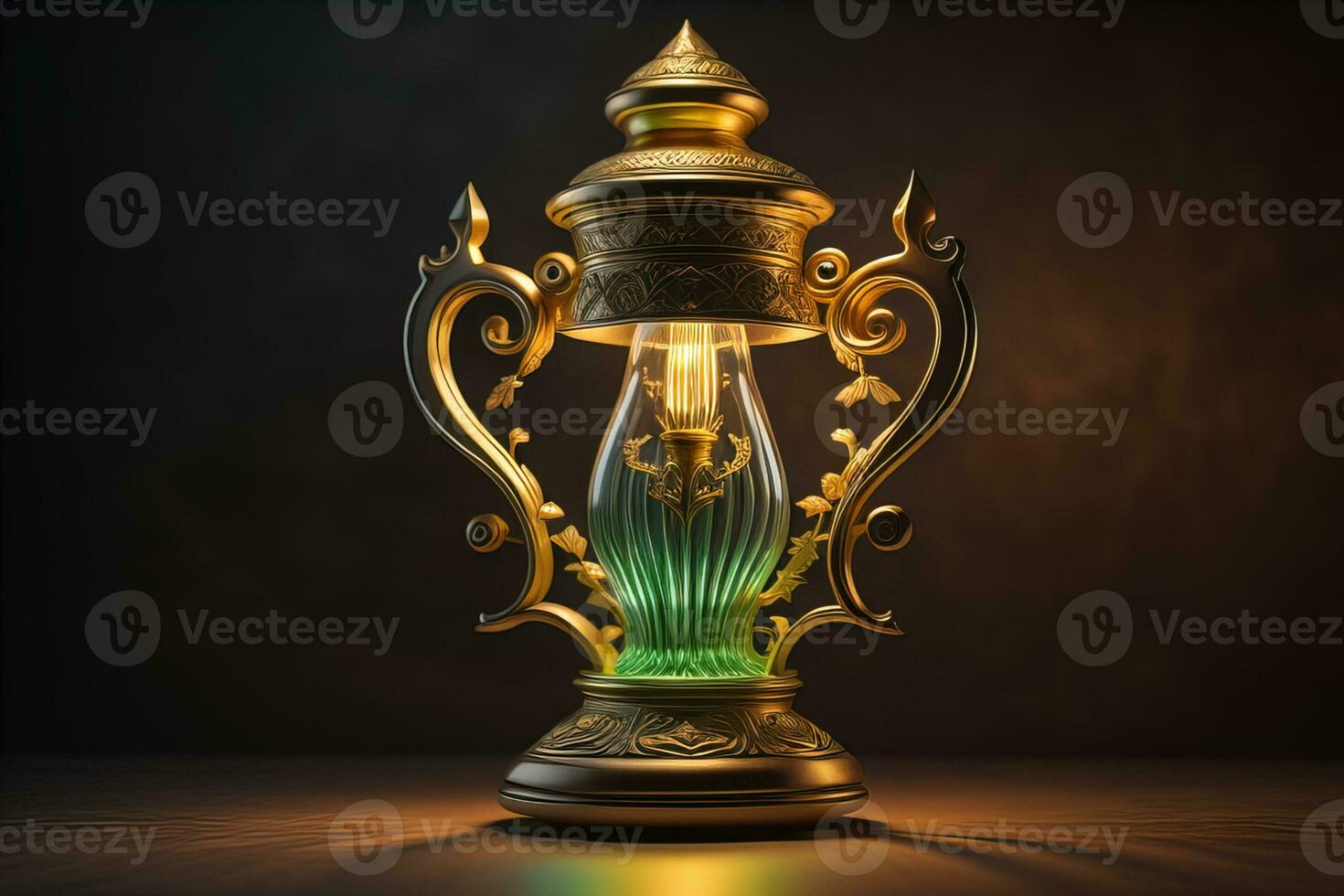 Lantern on a wooden table and a dark background. ai generative photo