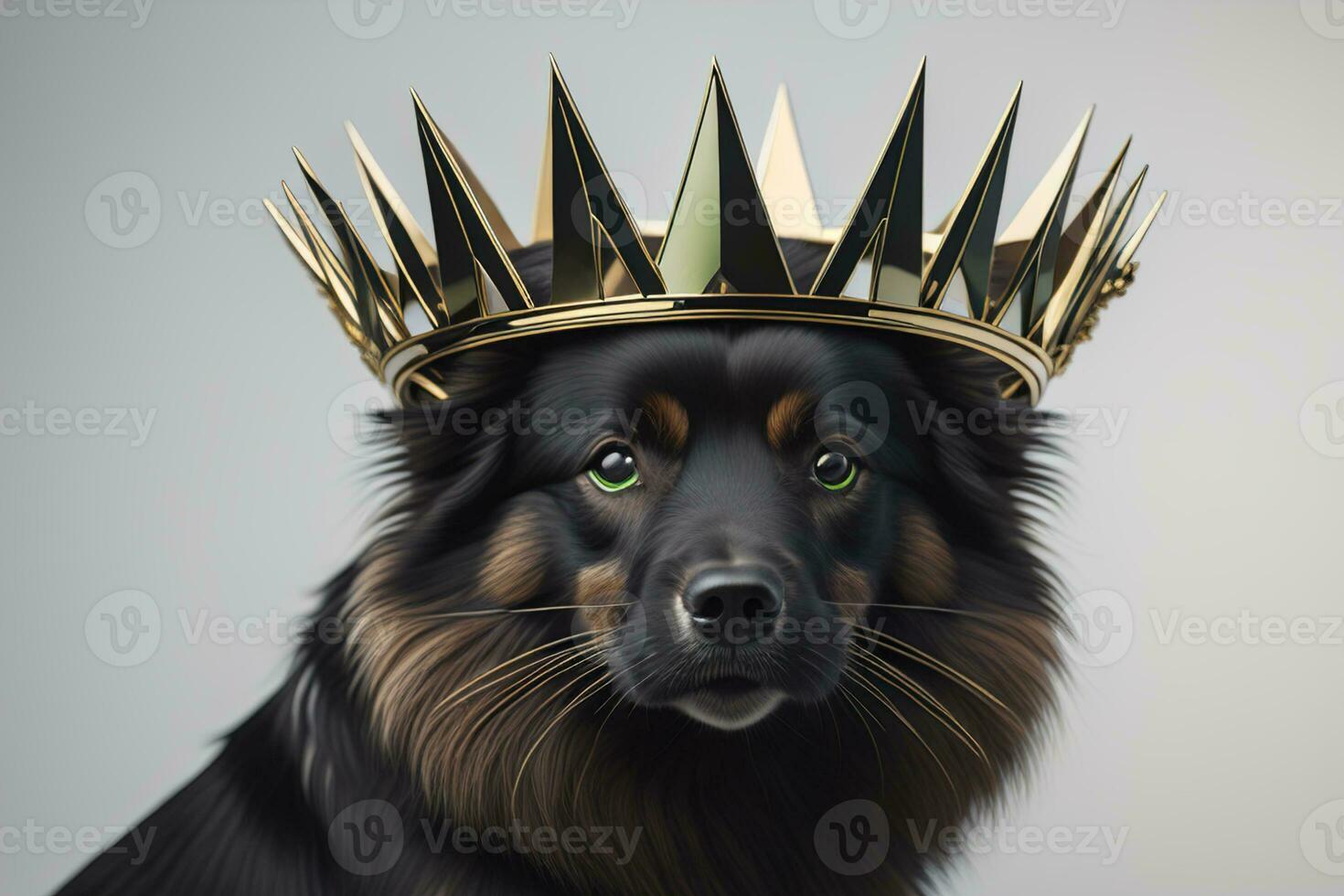 Portrait of a cute dog in a golden crown on a solid color background. ai generative photo