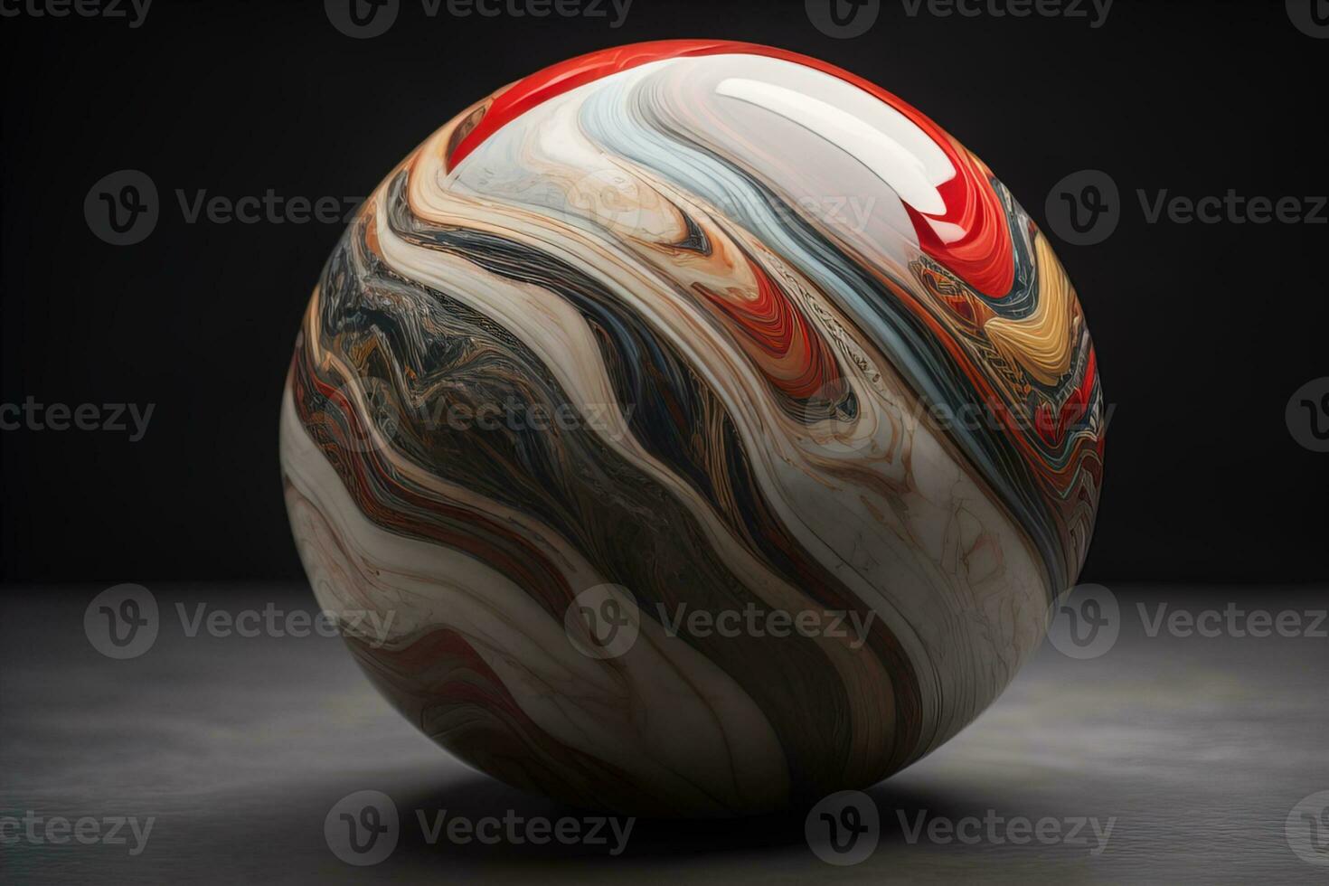 Colorful marble ball on a solid colour background. Close-up. ai generative photo