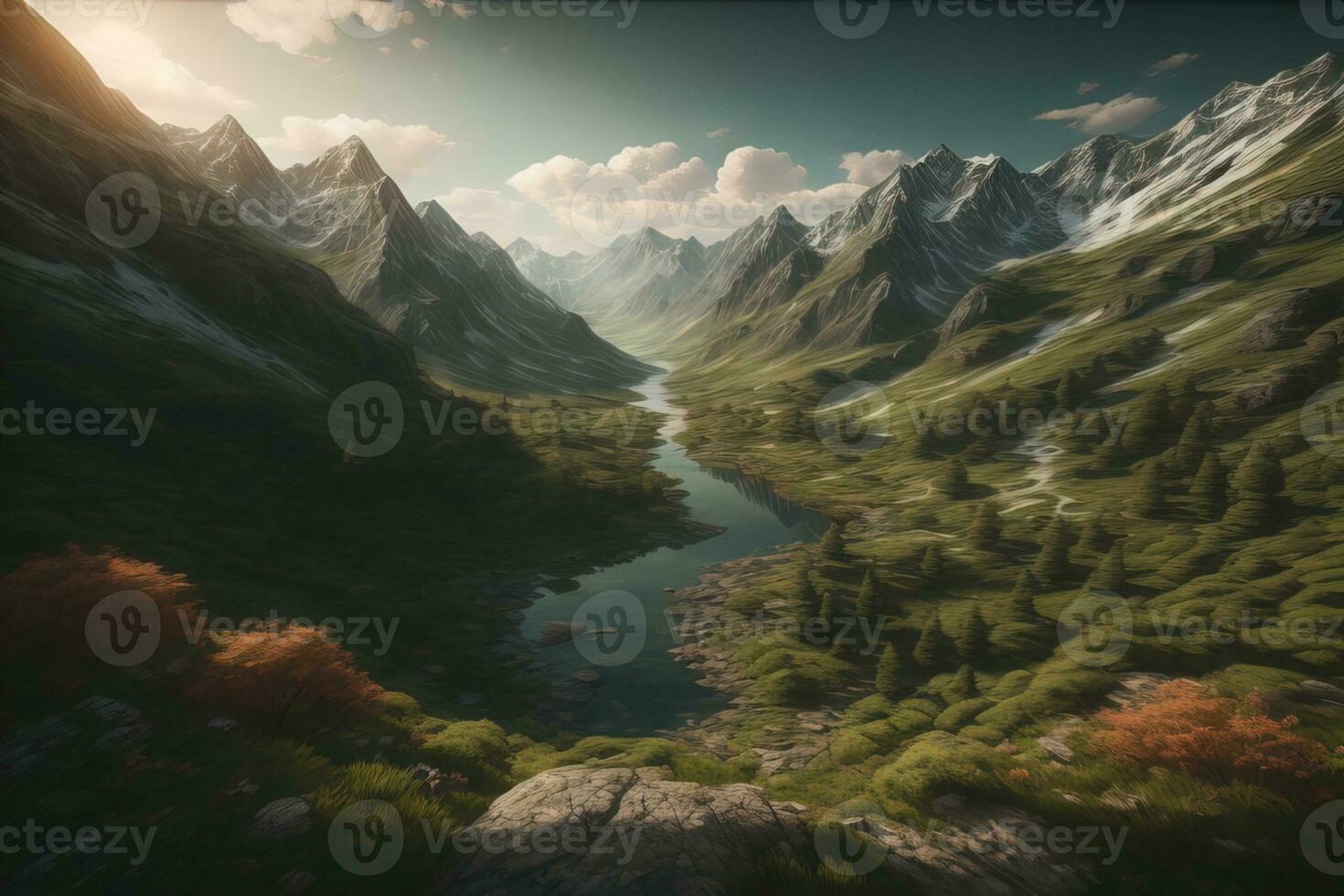 Beautiful fantasy landscape with a river in the mountains. ai generative photo