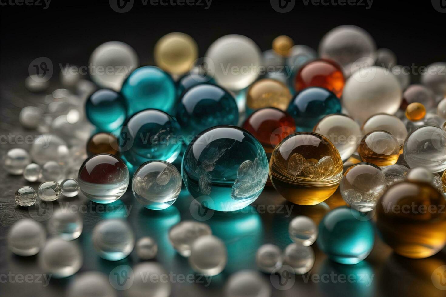 Colorful glass marbles on a the table. Selective focus. ai generative photo