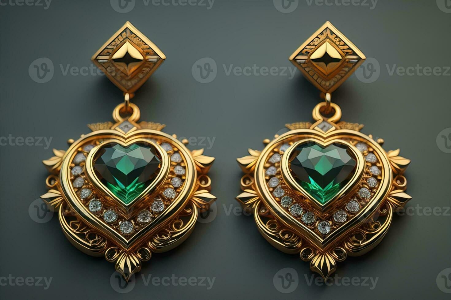Earrings made of gold on a solid color background close up. ai generative photo