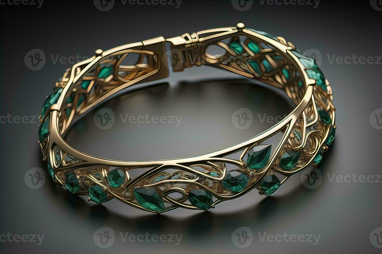Jewelry Bracelet with precious stones on a gray background. Studio shot. ai generative photo