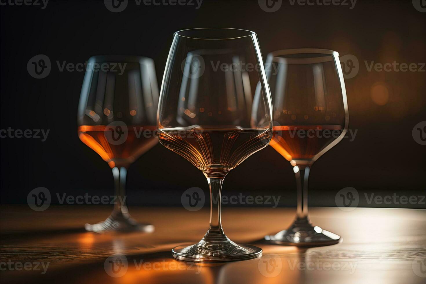 Wine glasses on a wooden table against the background. ai generative photo