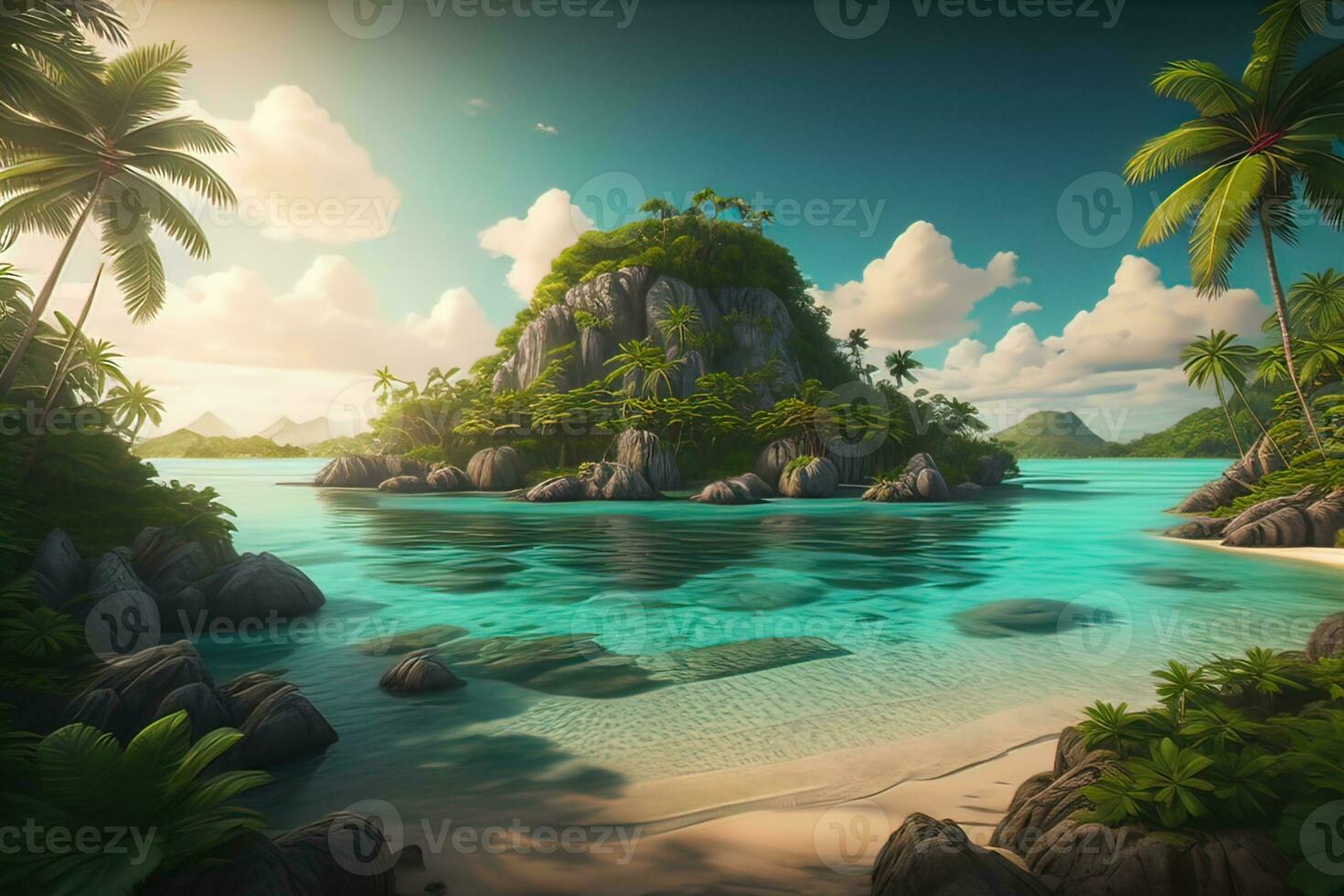 Tropical beach with palm trees and white sand. ai generative photo