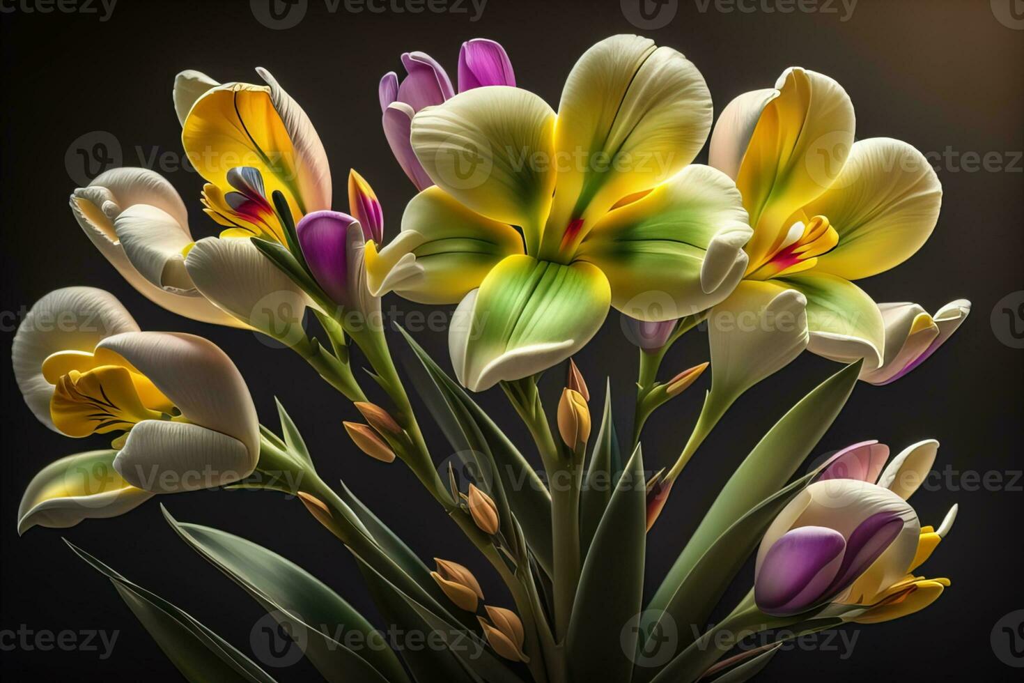 Bouquet of crocus and tulips on solid color background. ai generative photo