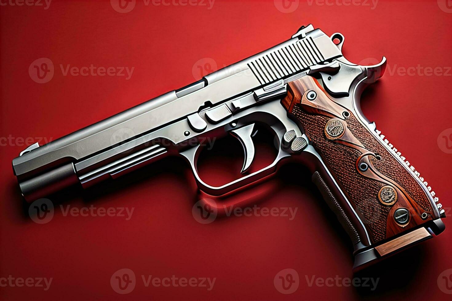 Semi-automatic handgun on a solid color background. Close-up. ai generative photo