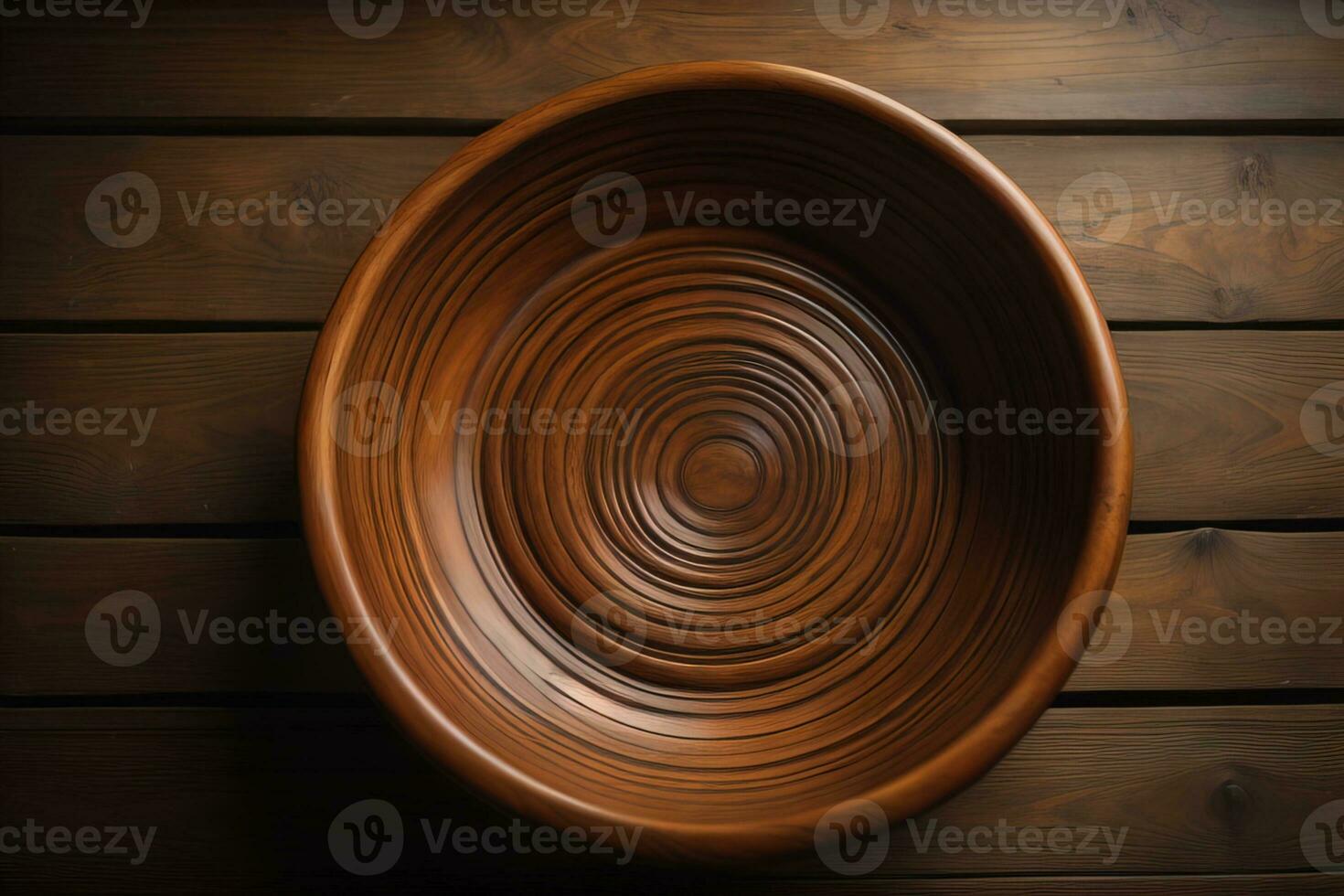 Empty wooden bowl on wooden background. Top view. Copy space. ai generative photo