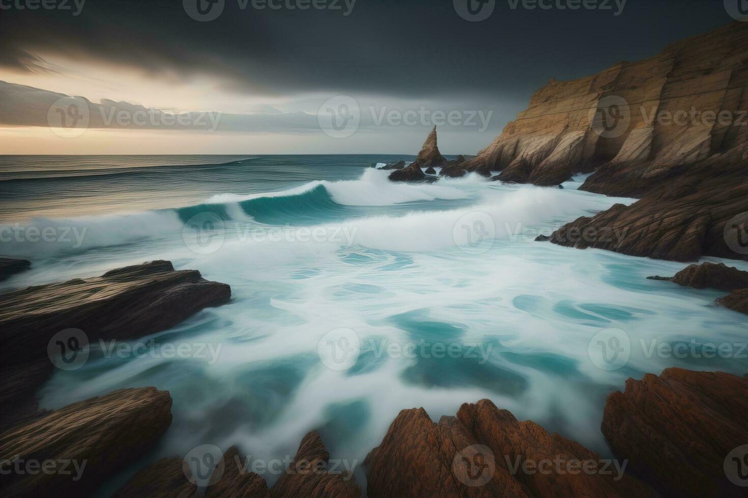 Beautiful seascape with stormy sky. Long exposure shot. ai generative photo