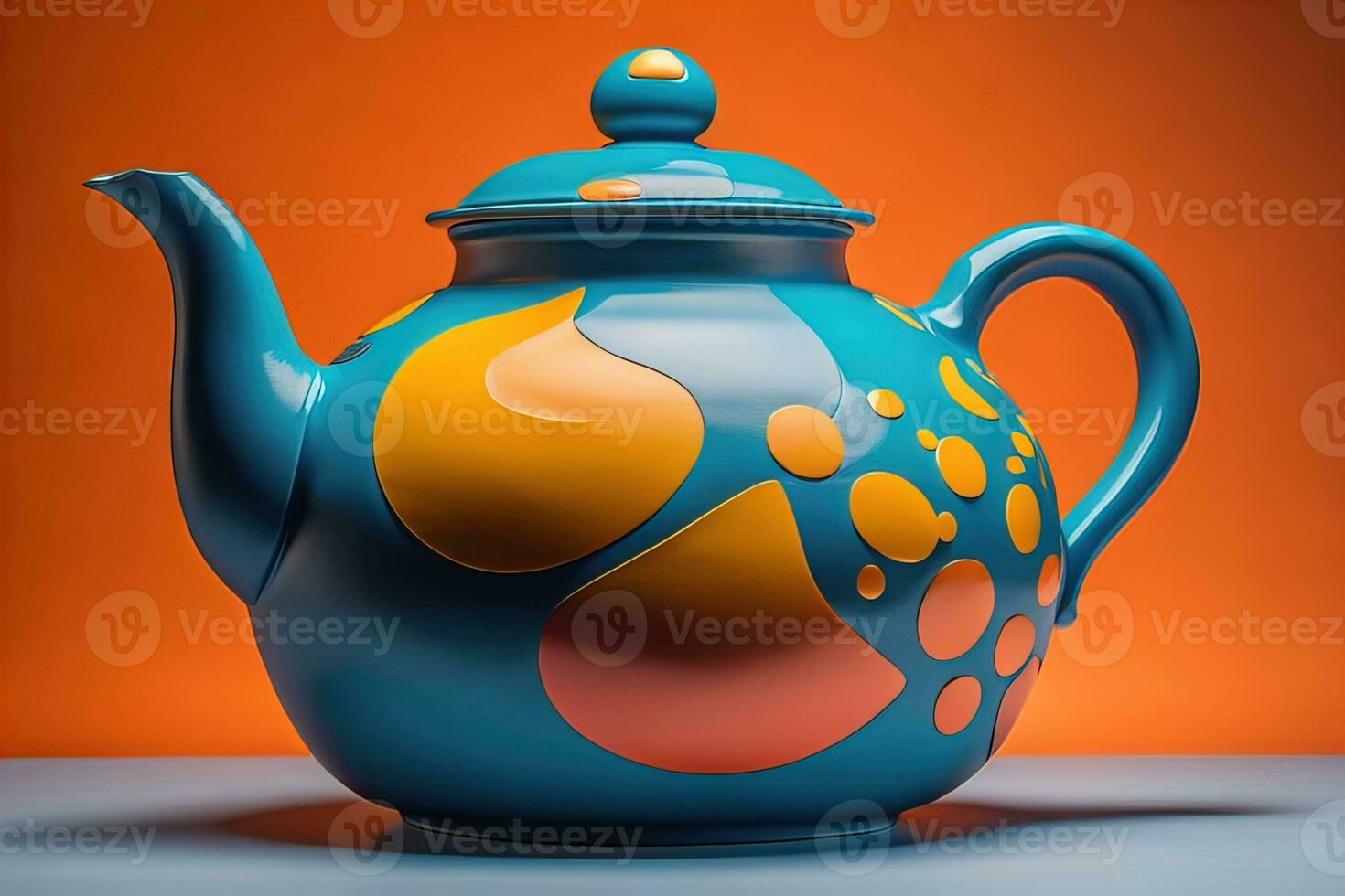 A ceramic teapot on a colid color background. ai generative photo